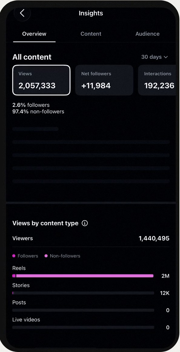 Instagram Insights for @ai.zygis: 2,057,333 views and 11,984 net new followers in the last 30 days