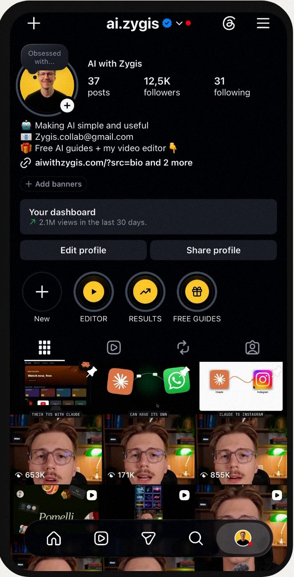 The @ai.zygis Instagram profile with 37 posts and 12.5K followers